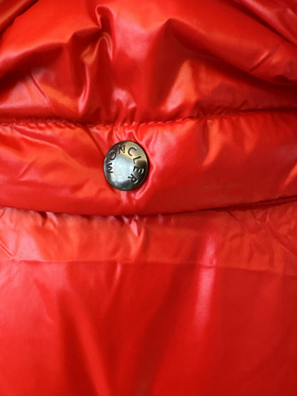 Moncler red down puffer vest with detachable hood