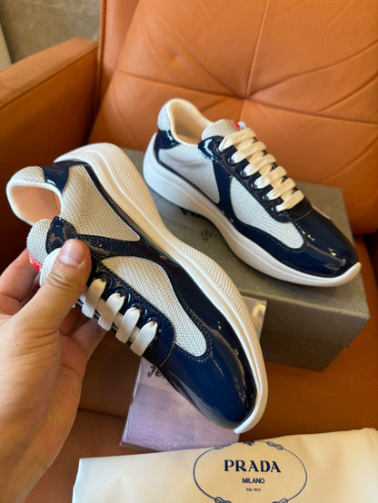 Prada men's navy and beige lace-up sneakers