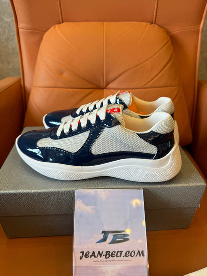 Prada men's navy and beige lace-up sneakers