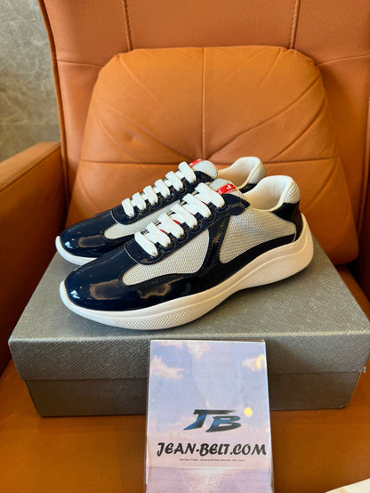 Prada men's navy and beige lace-up sneakers