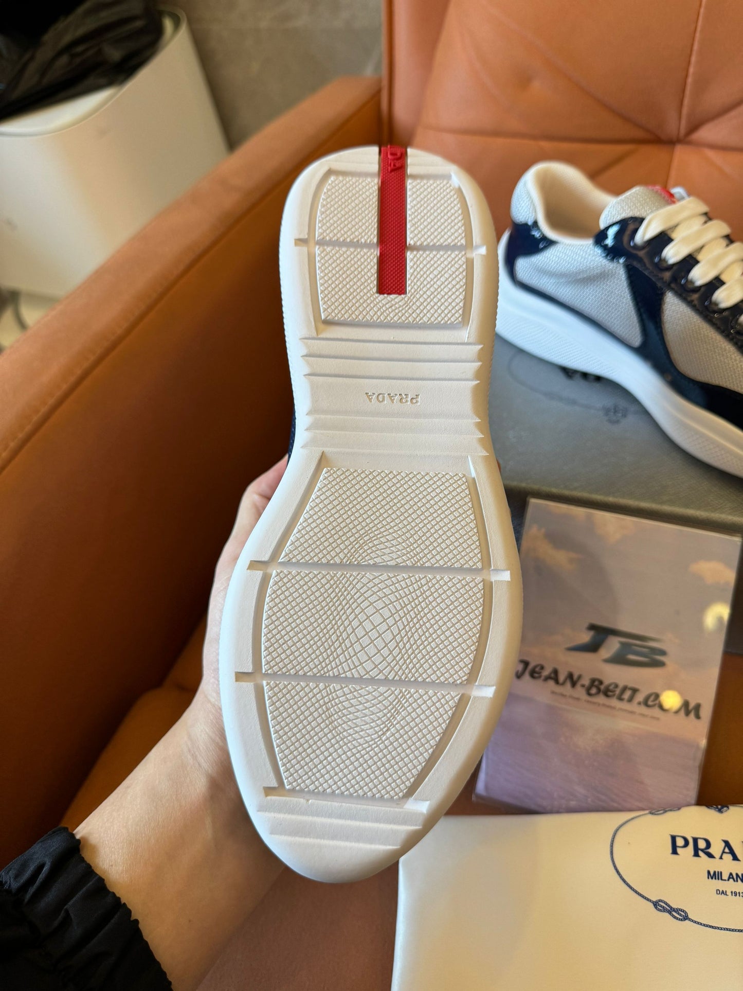 Prada men's navy and beige lace-up sneakers