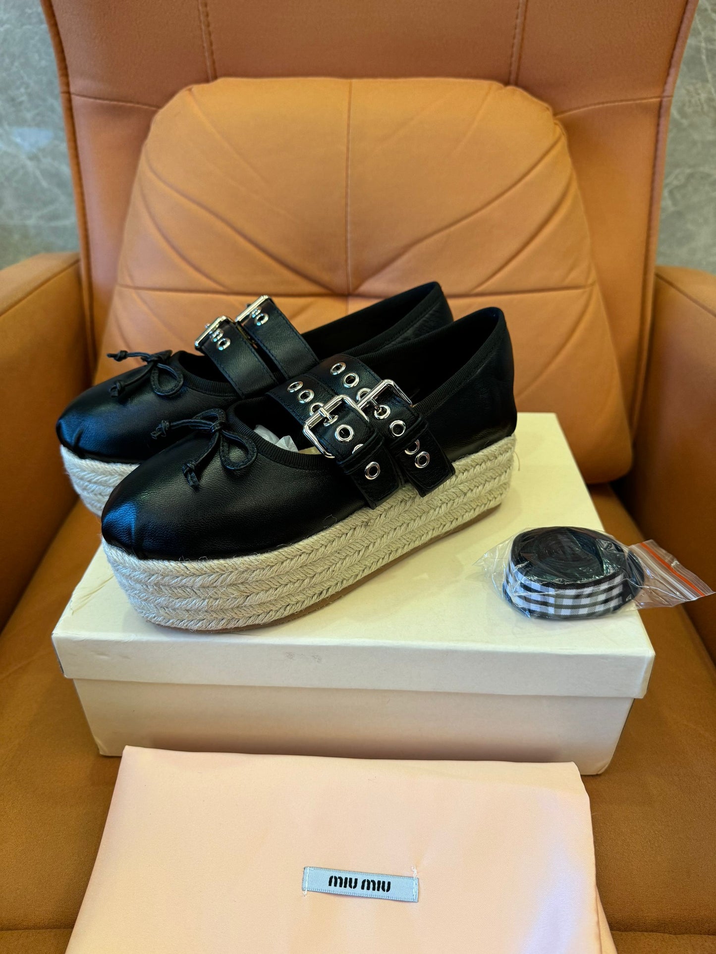 Miu Miu black leather espadrille platform shoes with double buckle straps