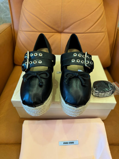 Miu Miu black leather espadrille platform shoes with double buckle straps