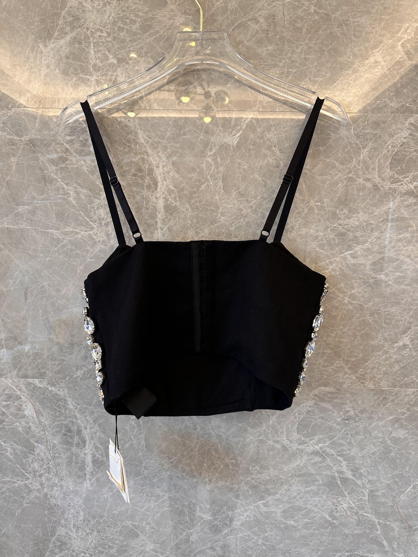 Sandro crystal embellished black crop top with adjustable straps