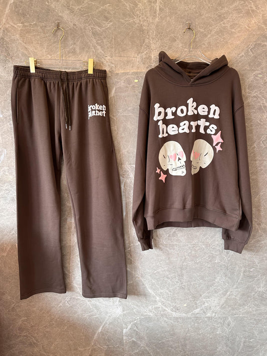 Broken Planet "Broken Hearts" hoodie and joggers set - earthy brown