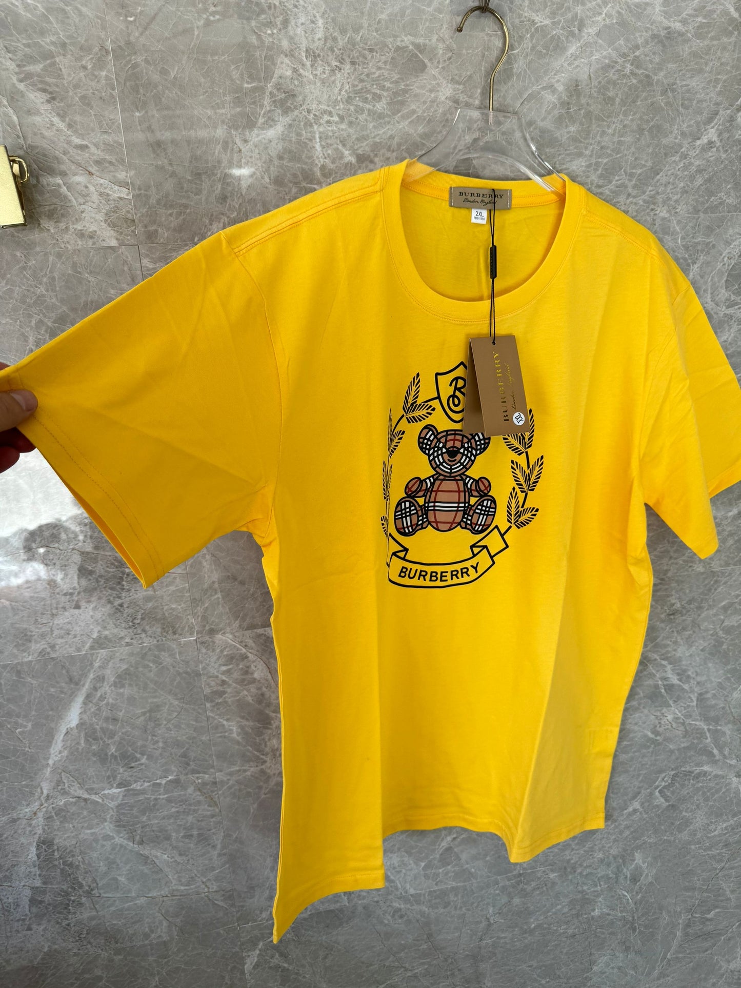 Burberry yellow crest emblem t-shirt with plaid bear