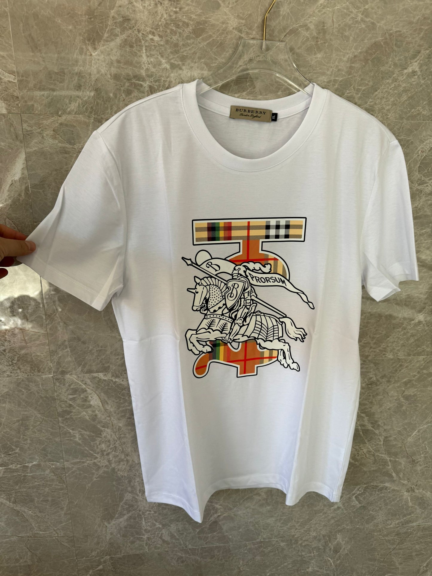 Burberry white t-shirt with iconic equestrian knight and check plaid accent