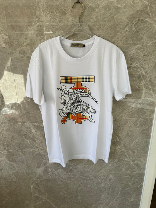 Burberry white t-shirt with iconic equestrian knight and check plaid accent