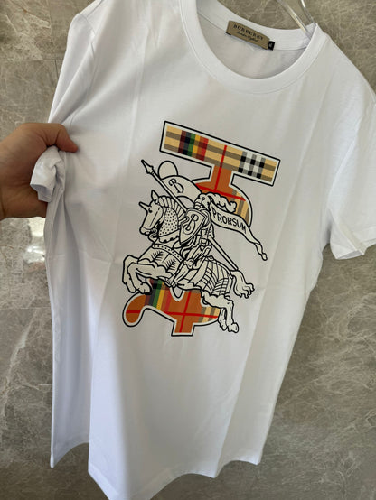 Burberry white t-shirt with iconic equestrian knight and check plaid accent