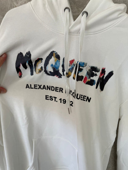 Alexander McQueen white distressed logo hoodie with color accents