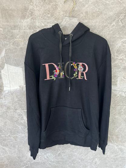 Dior black hoodie with floral embroidered logo design