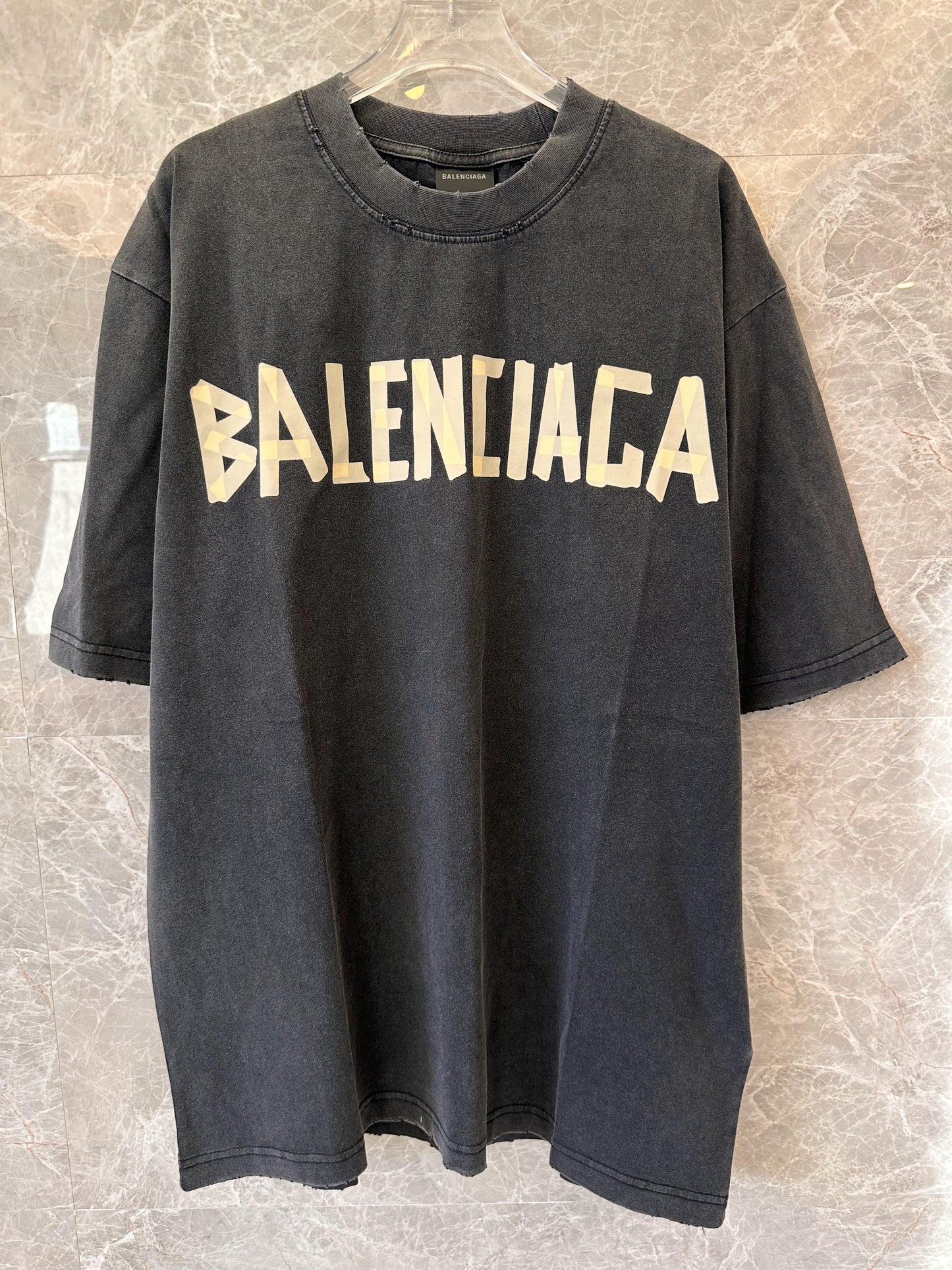 Balenciaga distressed Black t-shirt with bold front and back logo