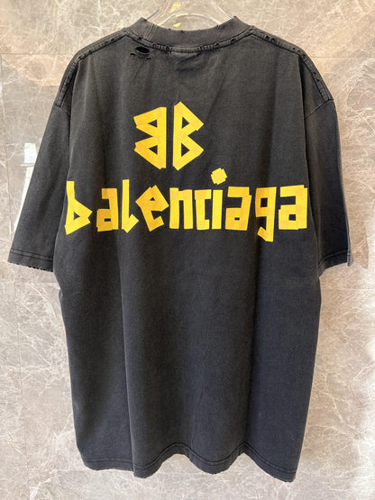 Balenciaga distressed Black t-shirt with bold front and back logo