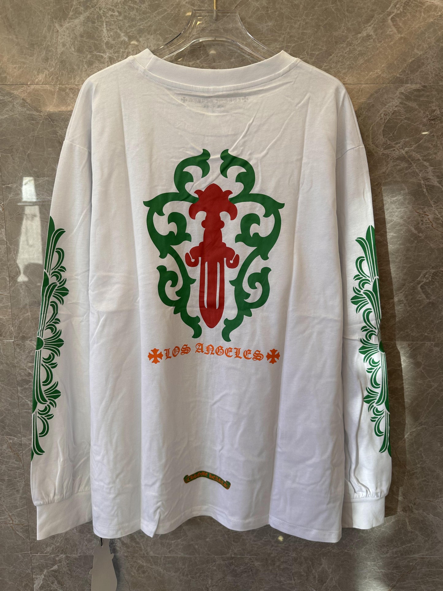 Chrome Hearts white long sleeve t-shirt with green and red graphics