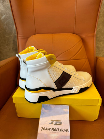 Fendi high-top white leather sneakers with yellow detail and FF logo