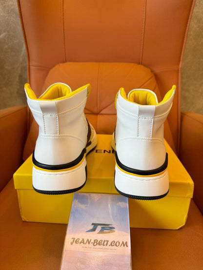 Fendi high-top white leather sneakers with yellow detail and FF logo