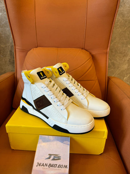 Fendi high-top white leather sneakers with yellow detail and FF logo