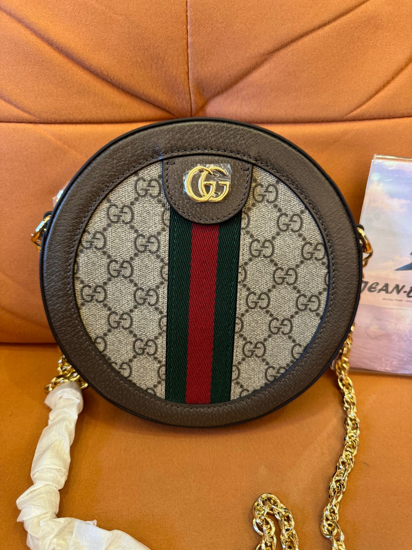 Gucci gg supreme monogram web mini ophidia round shoulder bag brown