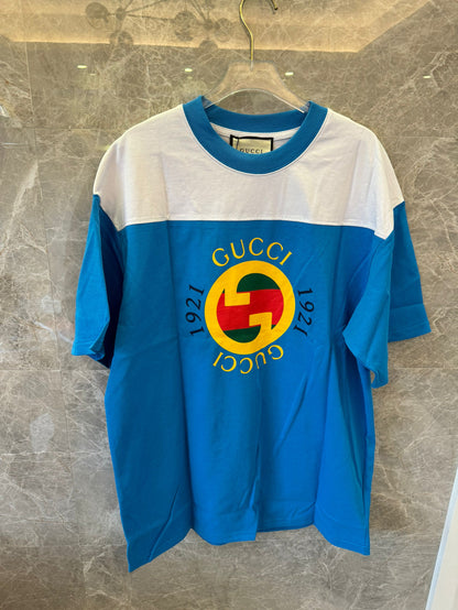 Gucci 1921 logo cotton t-shirt in blue and white