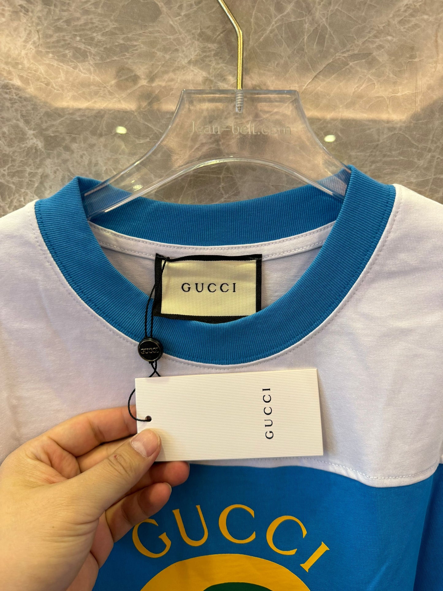 Gucci 1921 logo cotton t-shirt in blue and white