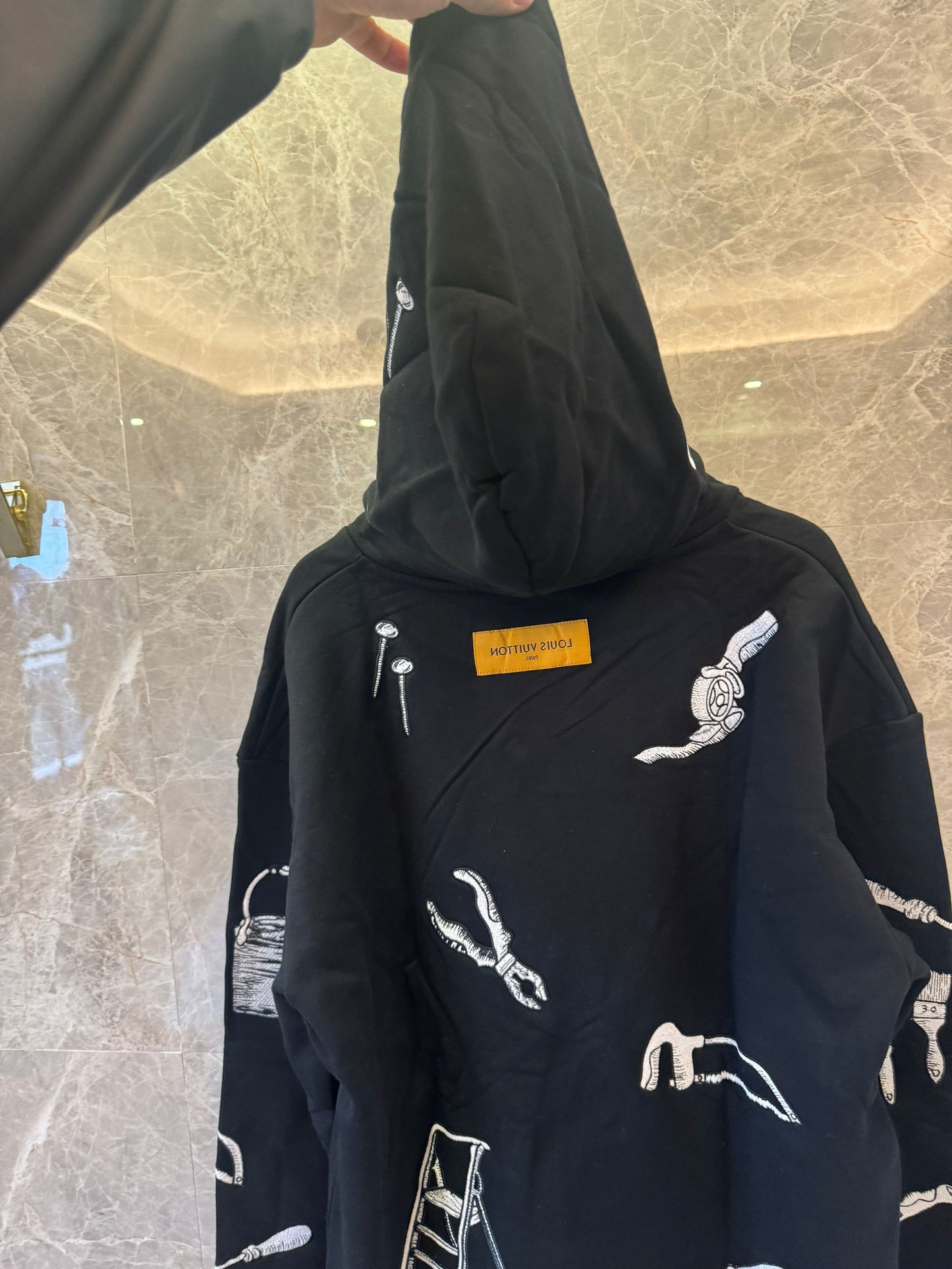 Louis Vuitton black oversized hoodie with artistic tool embroidery