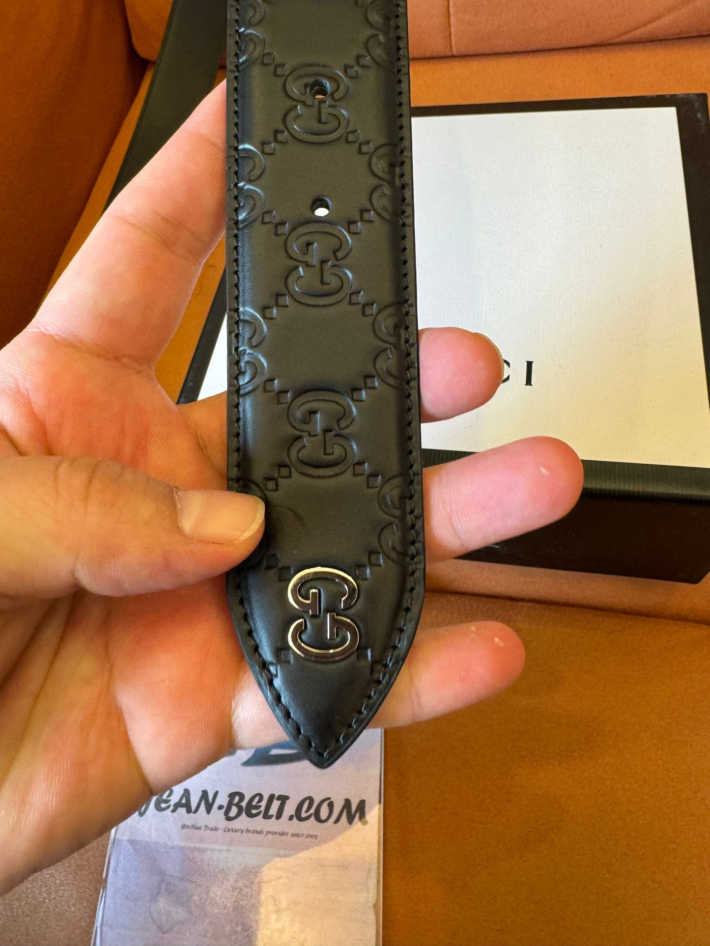 Gucci embossed leather belt with square buckle