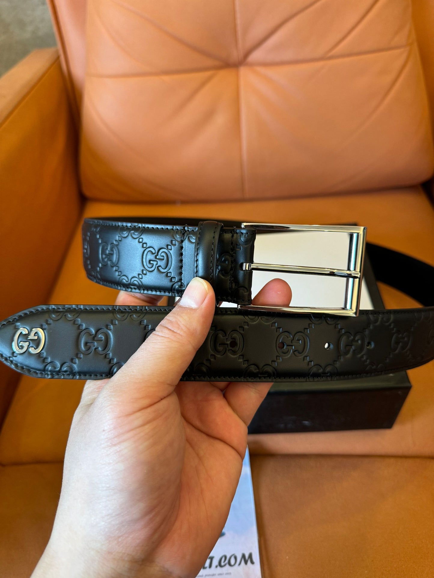 Gucci embossed leather belt with square buckle