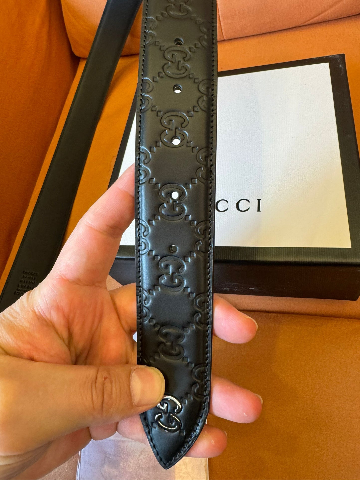 Gucci embossed leather belt with square buckle