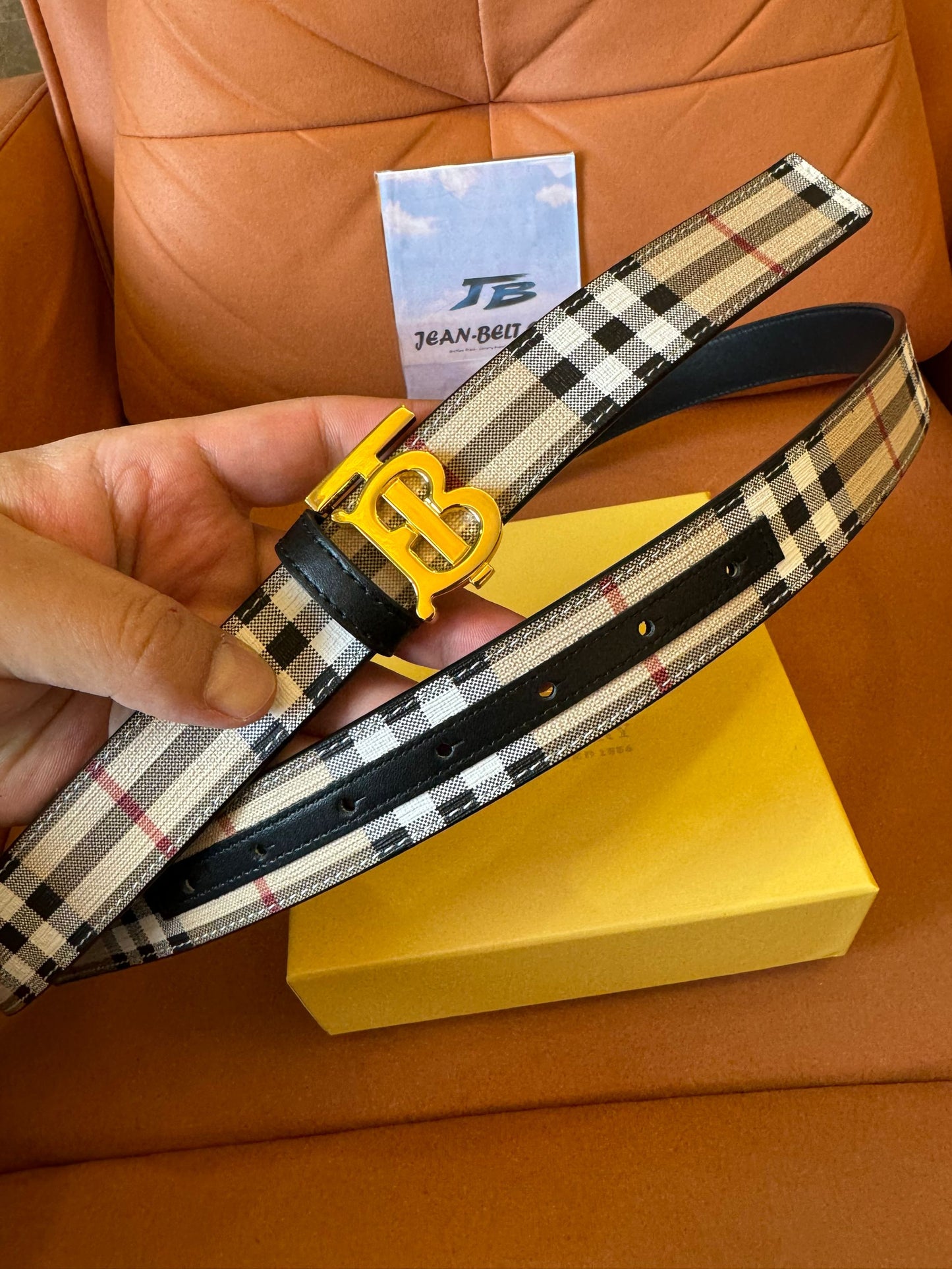 Burberry vintage check canvas belt with gold TB logo