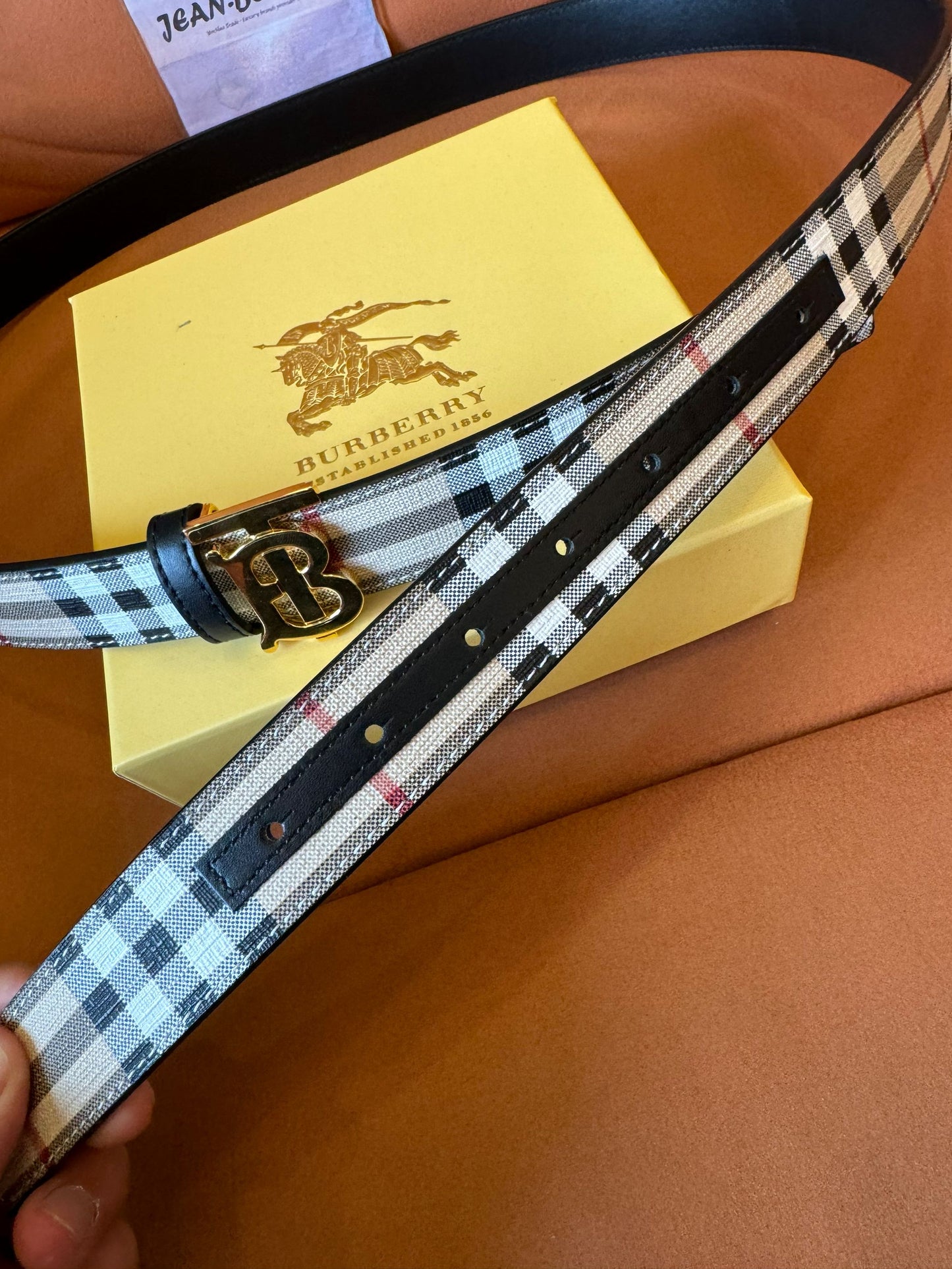 Burberry vintage check canvas belt with gold TB logo