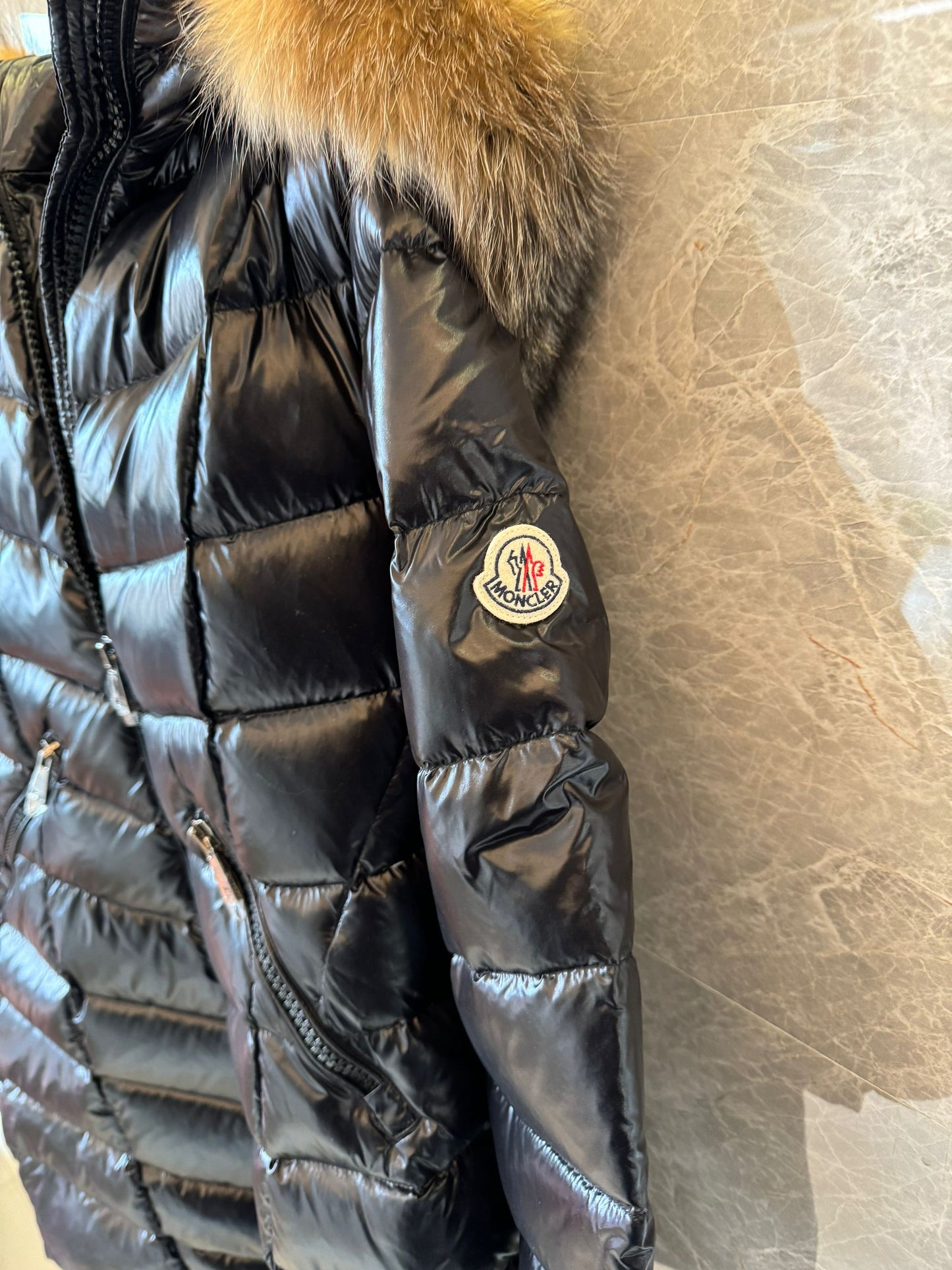 Moncler women's down jacket with fur trimmed hood