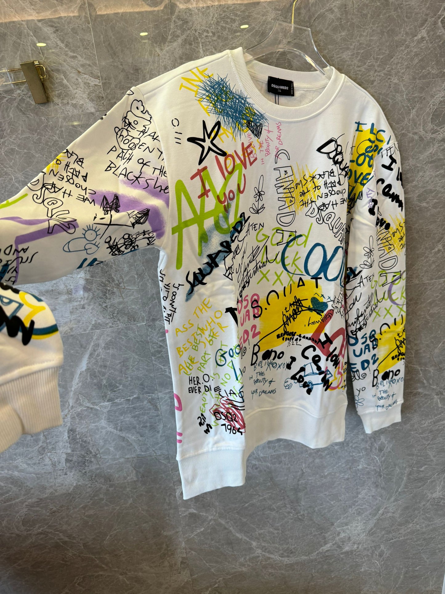 DSQUARED2 white sweatshirt with multicolor graffiti print