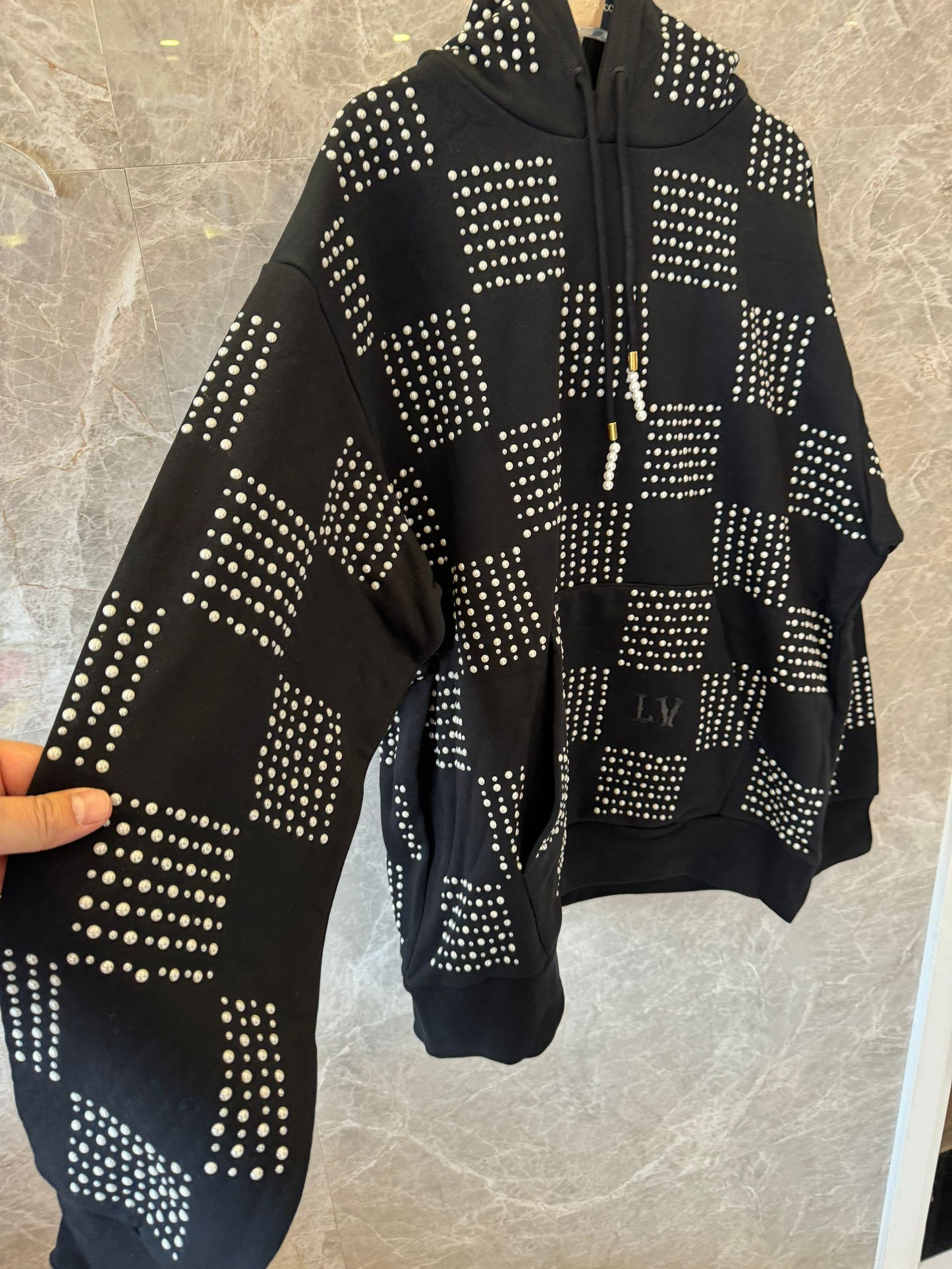 Louis Vuitton black checkered hoodie with stud detailing