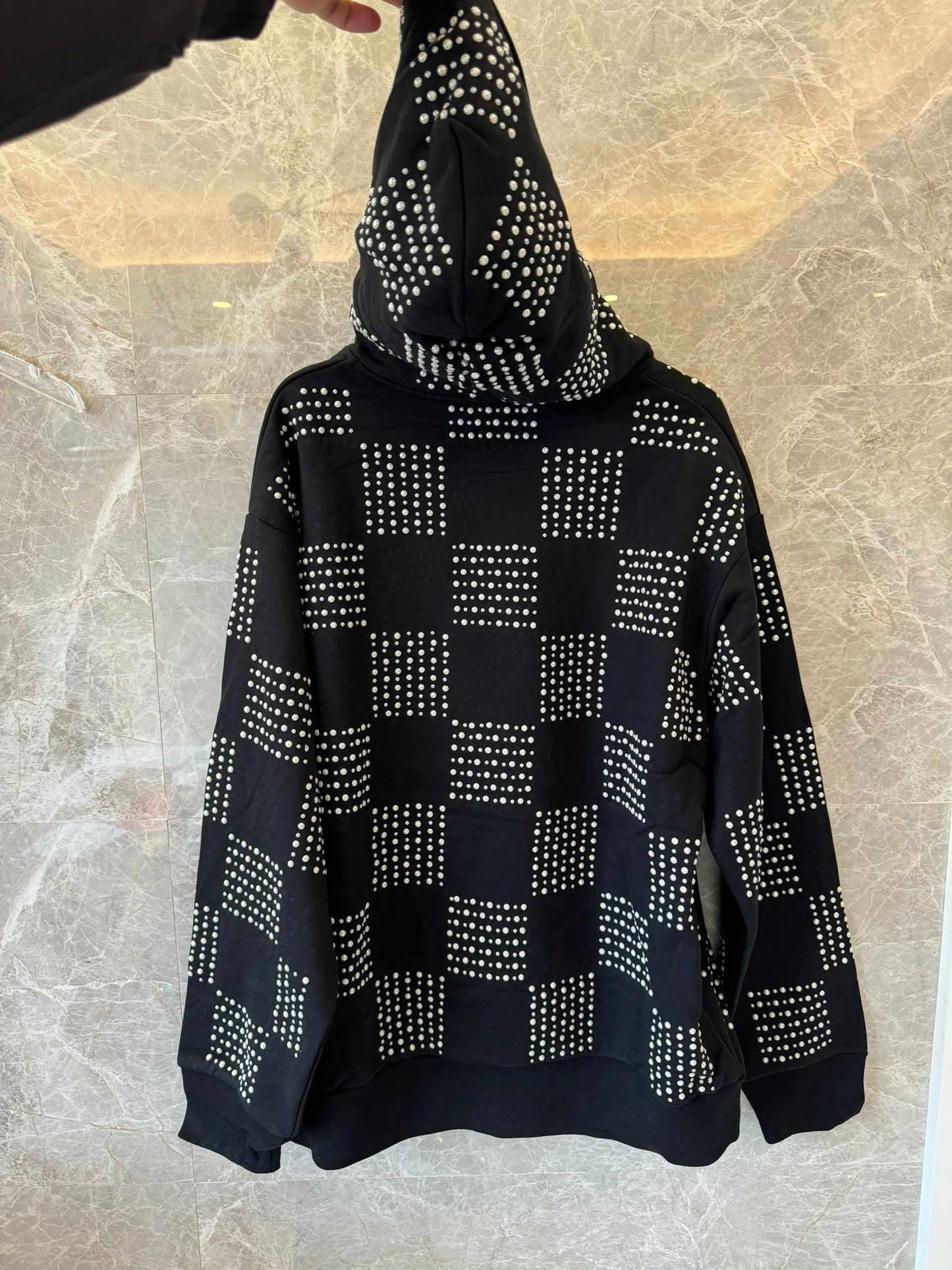 Louis Vuitton black checkered hoodie with stud detailing