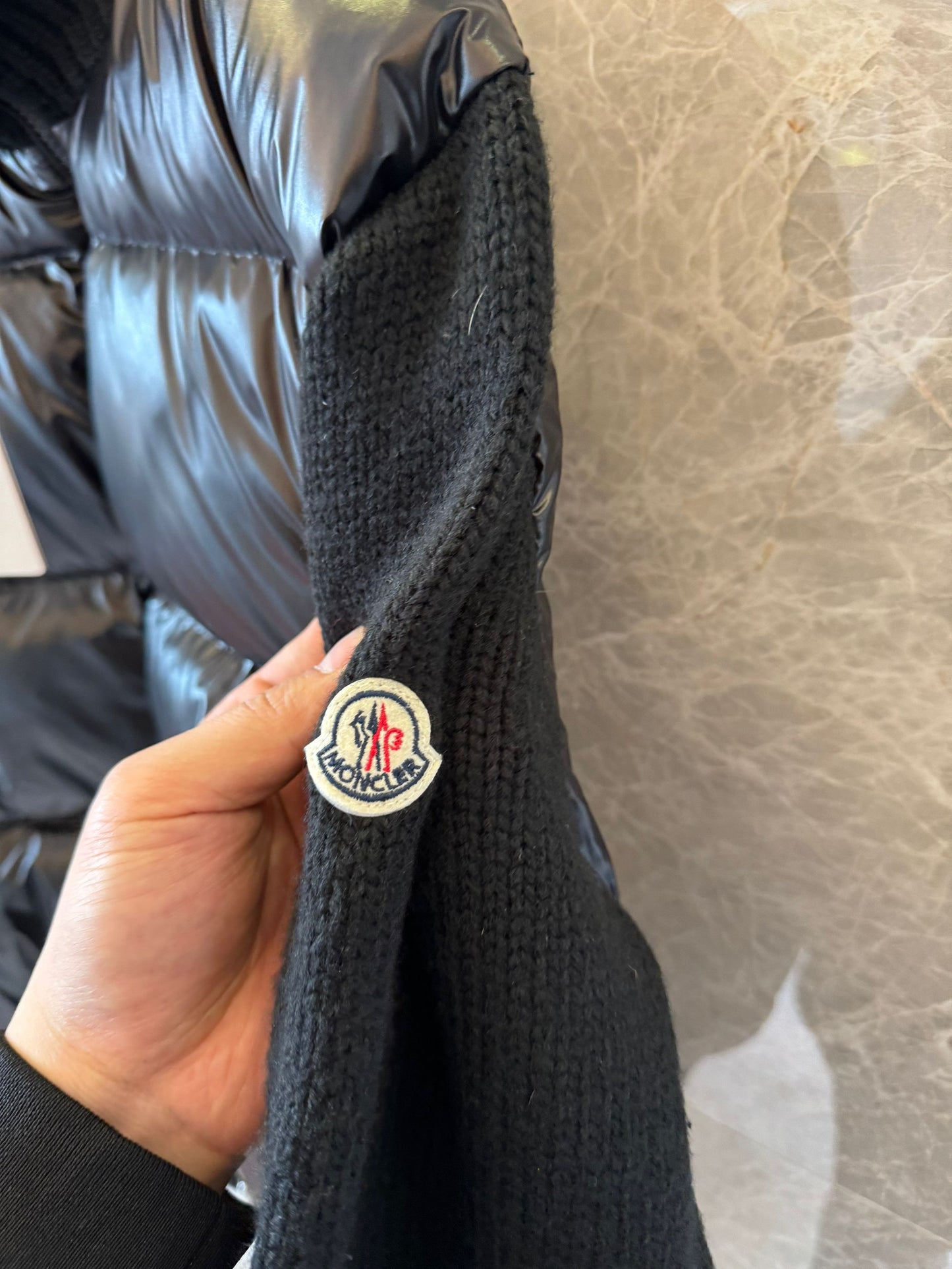 Moncler black knit sleeve down jacket