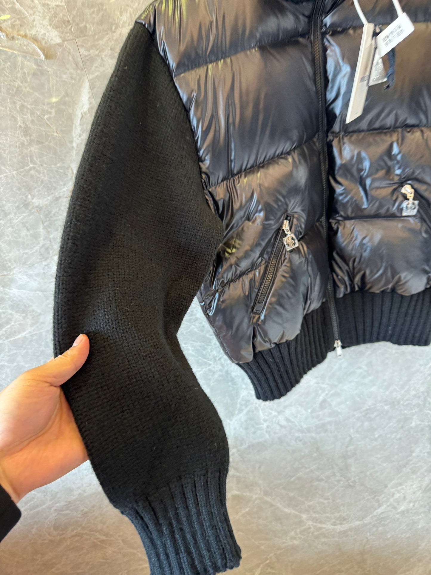 Moncler black knit sleeve down jacket