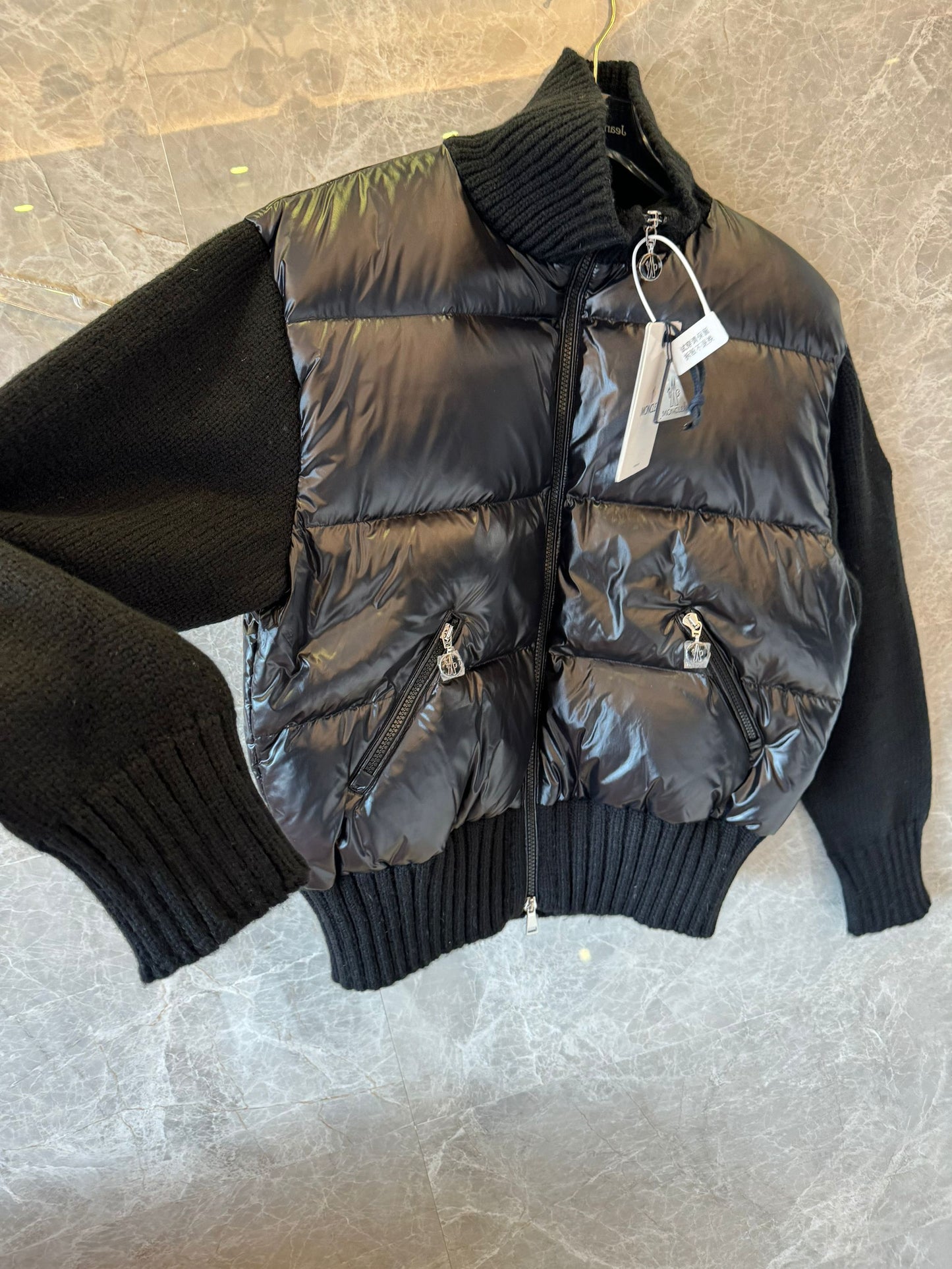 Moncler black knit sleeve down jacket