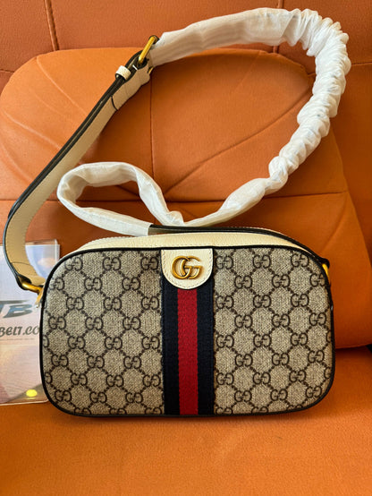 Gucci gg supreme monogram textured calfskin web small ophidia camera bag beige ebony