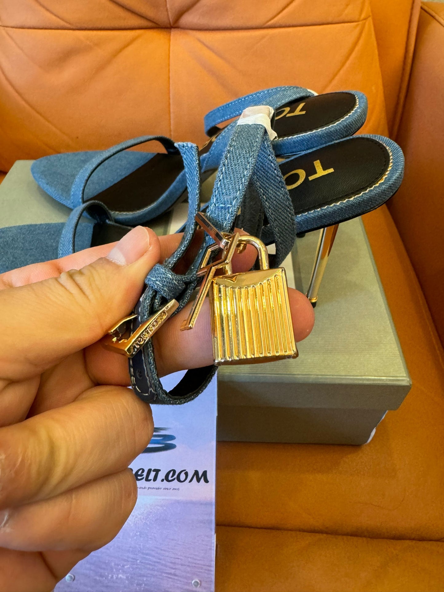 Tom Ford denim lock and key stiletto sandals