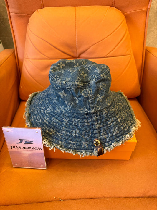 Louis Vuitton denim monogram bucket hat with frayed edges