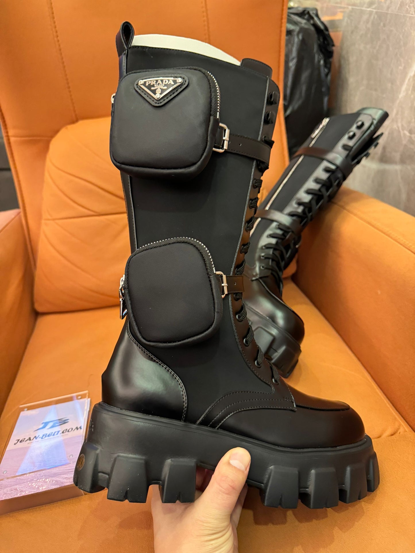 Prada brushed rois leather & nylon boots