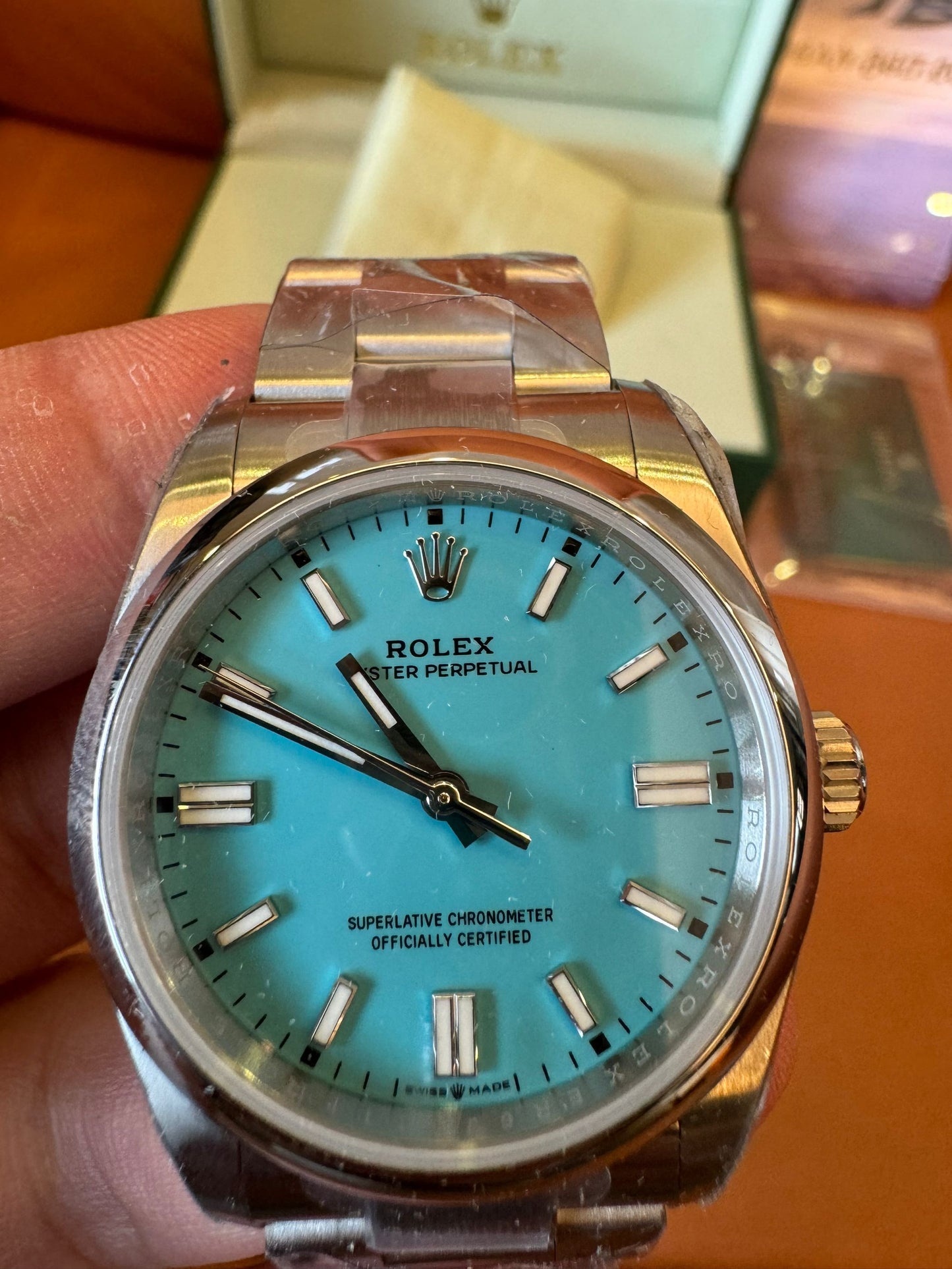 Rolex Oyster Perpetual tiffany blue dial stainless steel watch