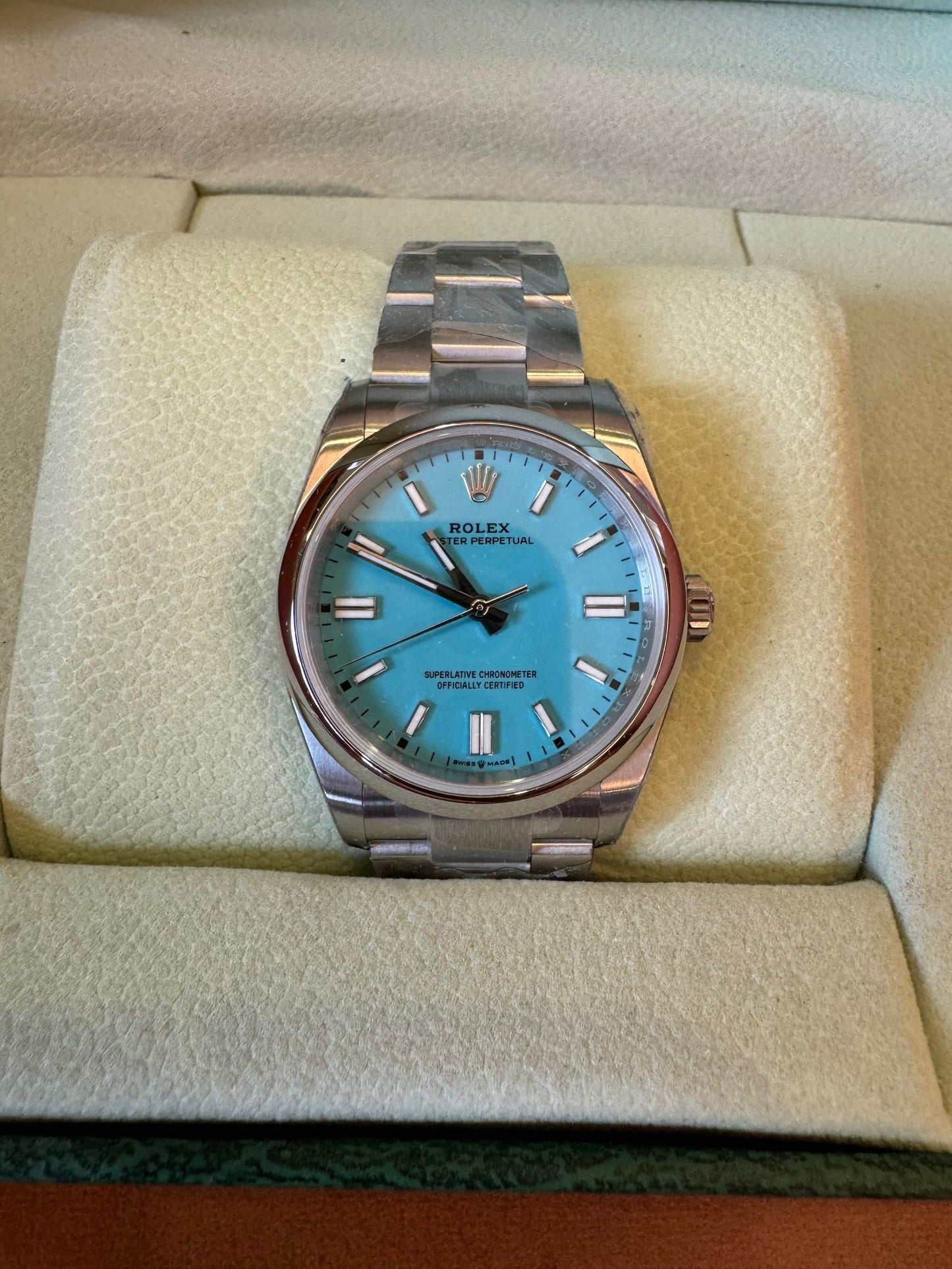 Rolex Oyster Perpetual tiffany blue dial stainless steel watch