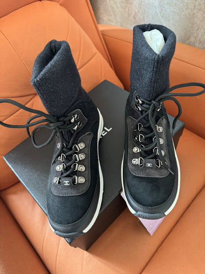 Chanel black suede 21s sock high top sneakers shoes