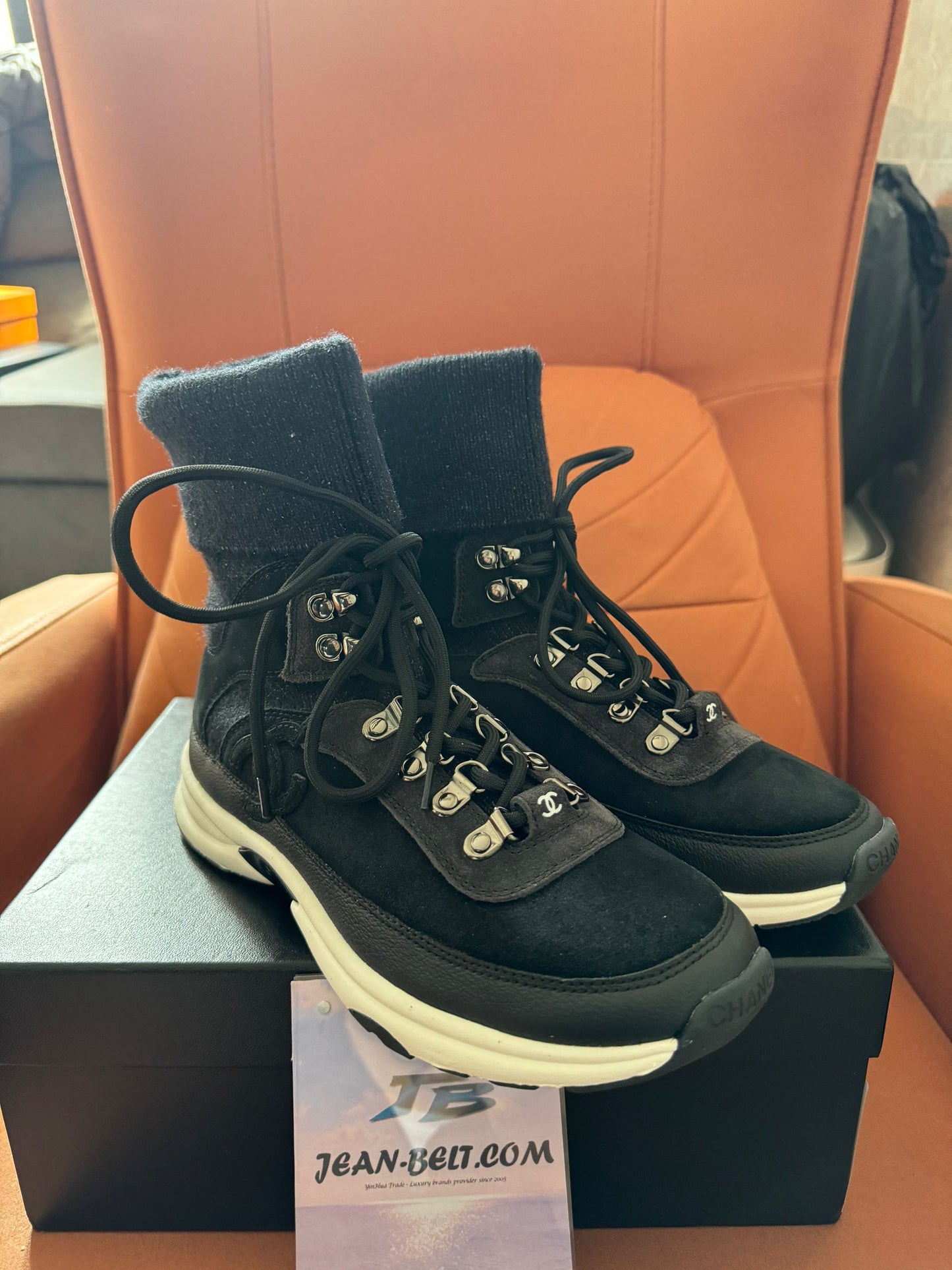 Chanel black suede 21s sock high top sneakers shoes