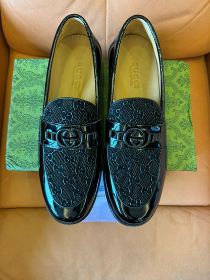 Gucci men's patent leather GG loafers with interlocking G