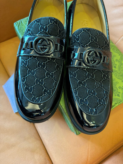 Gucci men's patent leather GG loafers with interlocking G