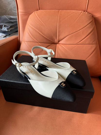 Chanel mary Jane white leather cap toe flats shoes