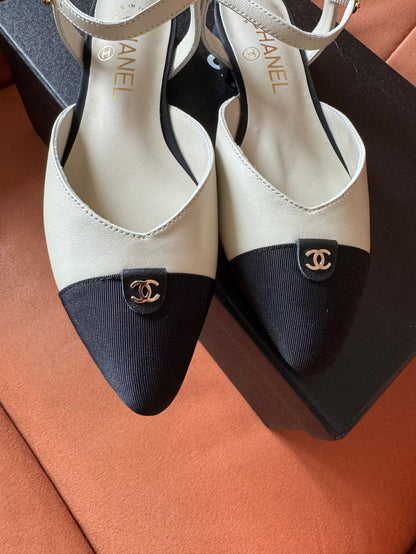 Chanel mary Jane white leather cap toe flats shoes