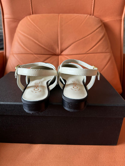 Chanel mary Jane white leather cap toe flats shoes